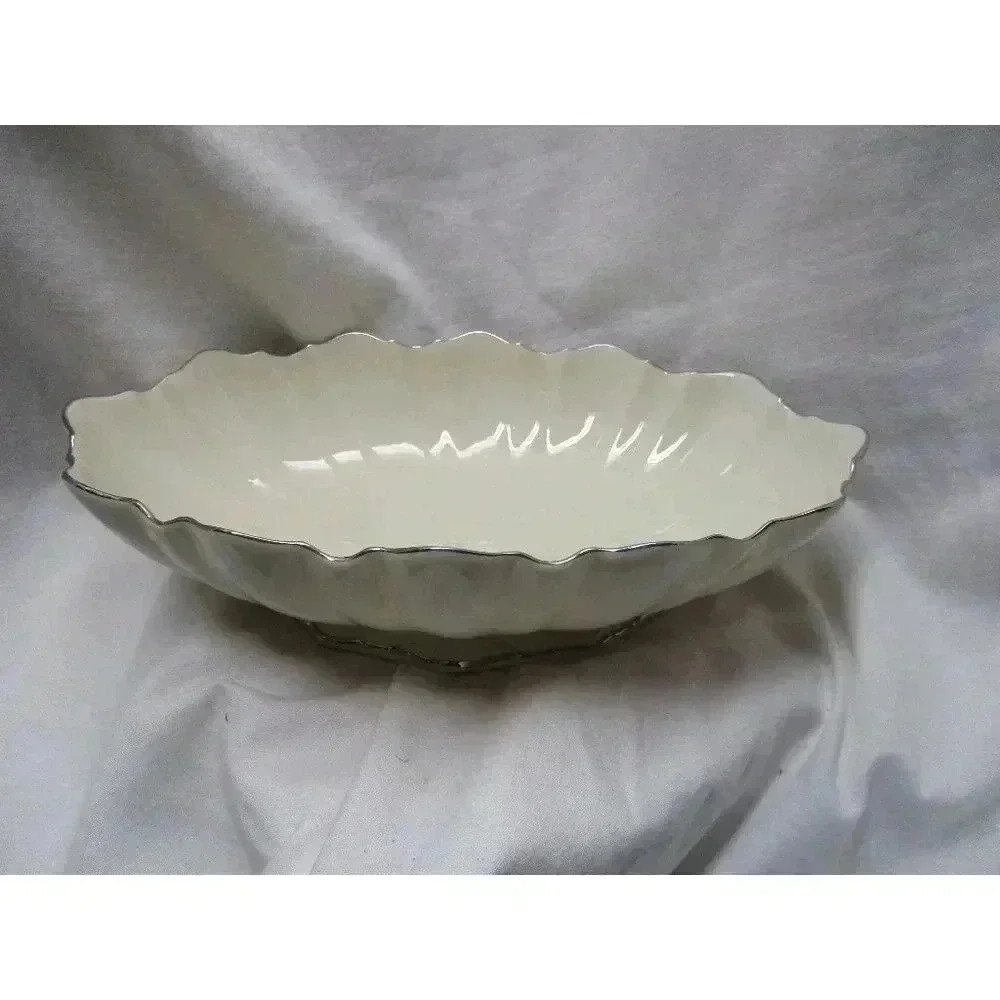 Lenox Symphony Oval Scalloped Fluted Footed Serving Dish‎ Bowl Platinum Trim USA